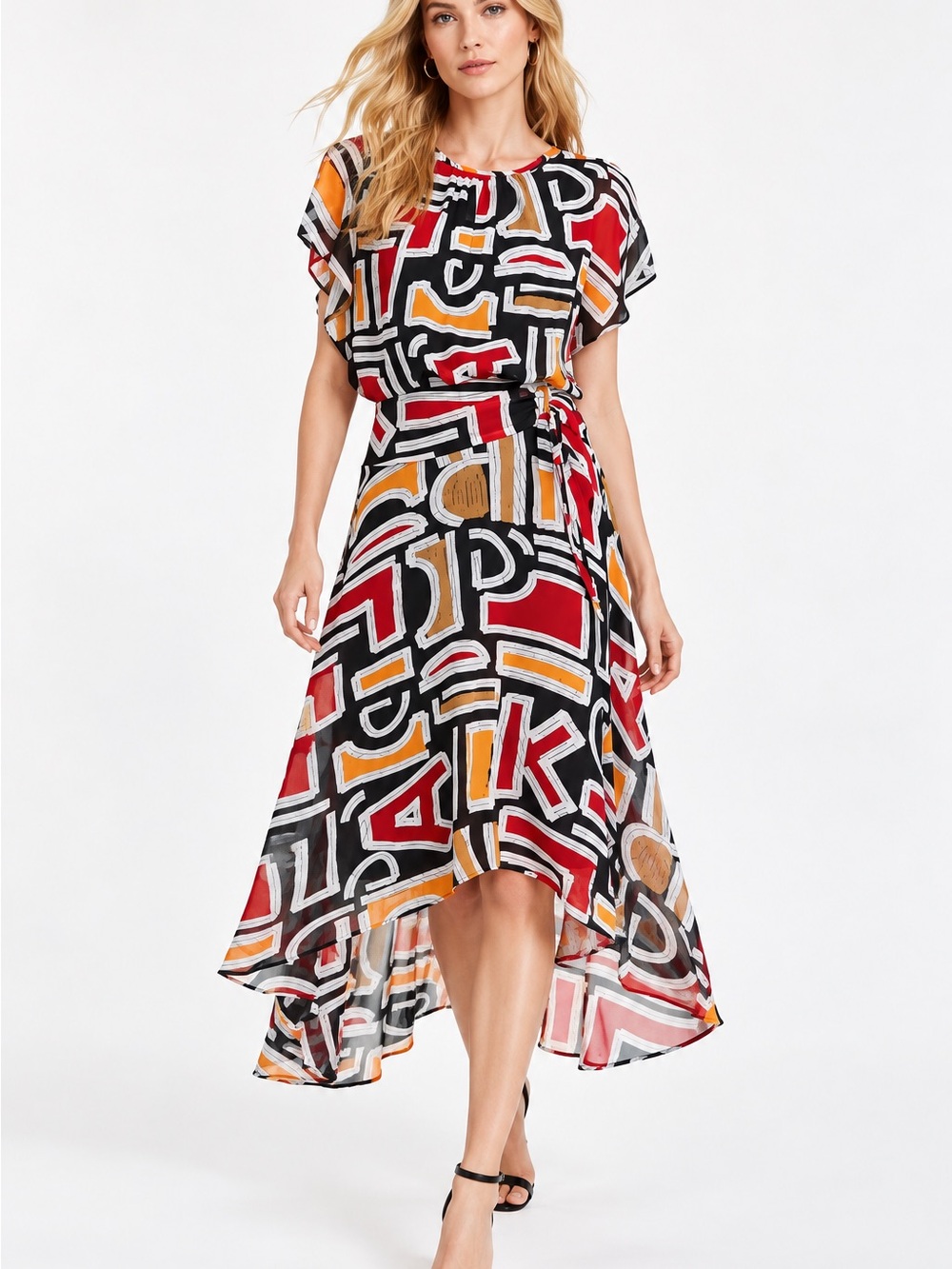 NWT Karl Lagerfeld Paris Abstract Geometric Chiffon Dress Maxi Midi, MSRP $158 - Picture 11 of 12